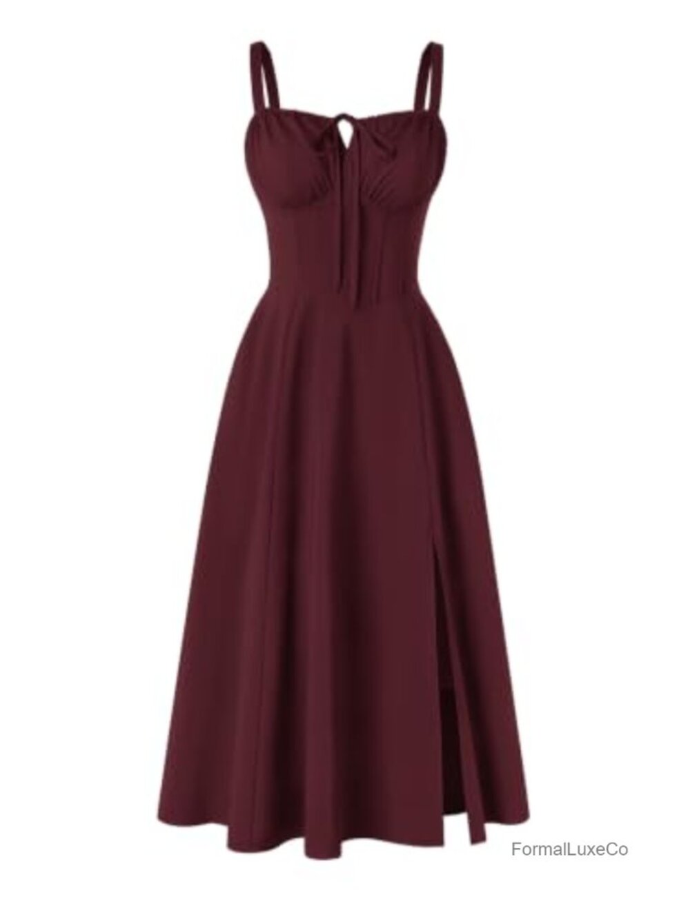 Corset Midi Dress A-Line Slit Sundress Spaghetti Strap Smocked Lace Back